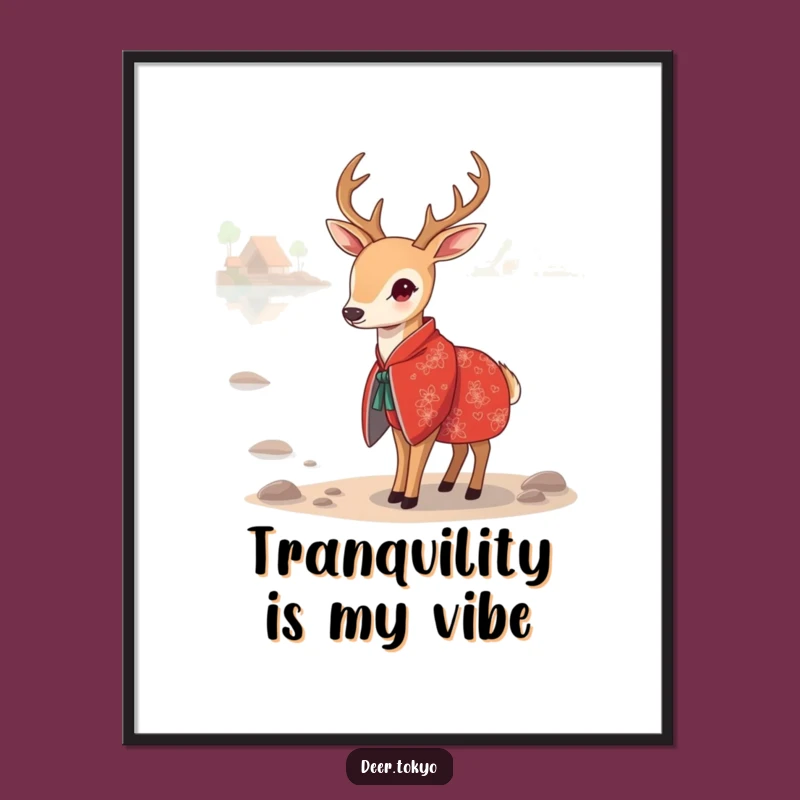 Funny Red Kimono Deer Poster: Serene Lake Art Print, Elegant Wall Decor Gift