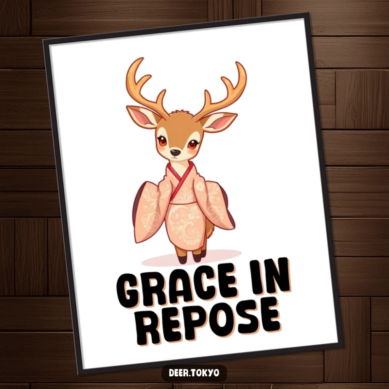 Elegant deer with delicate antlers in a flowing, intricately patterned kimono, presented as a beautiful art poster.