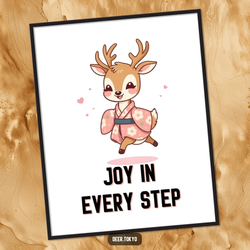 Funny poster of a joyful deer in a floral kimono, prancing lightly, creating vibrant and happy wall art for any space.