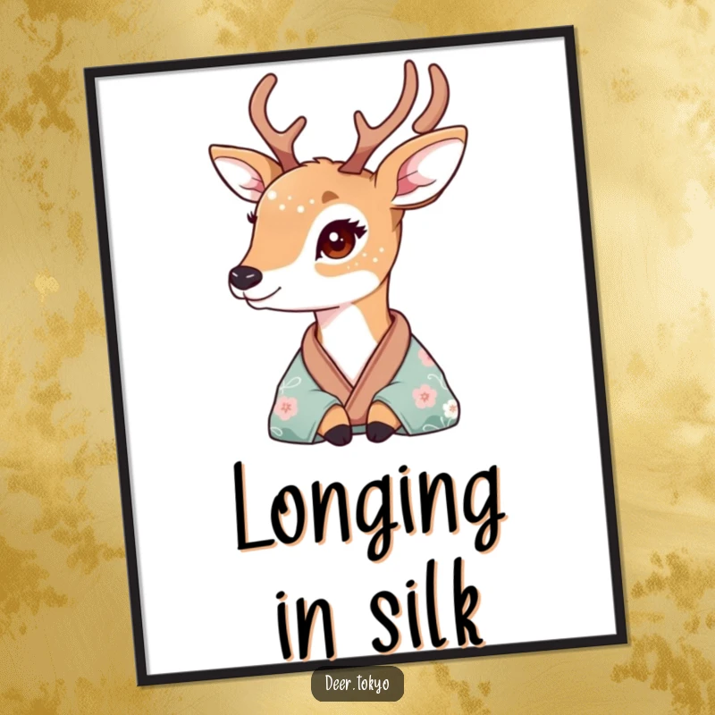 Deer with delicate floral fur patterns looking wistfully from a silk kimono, depicted as a beautiful art poster.