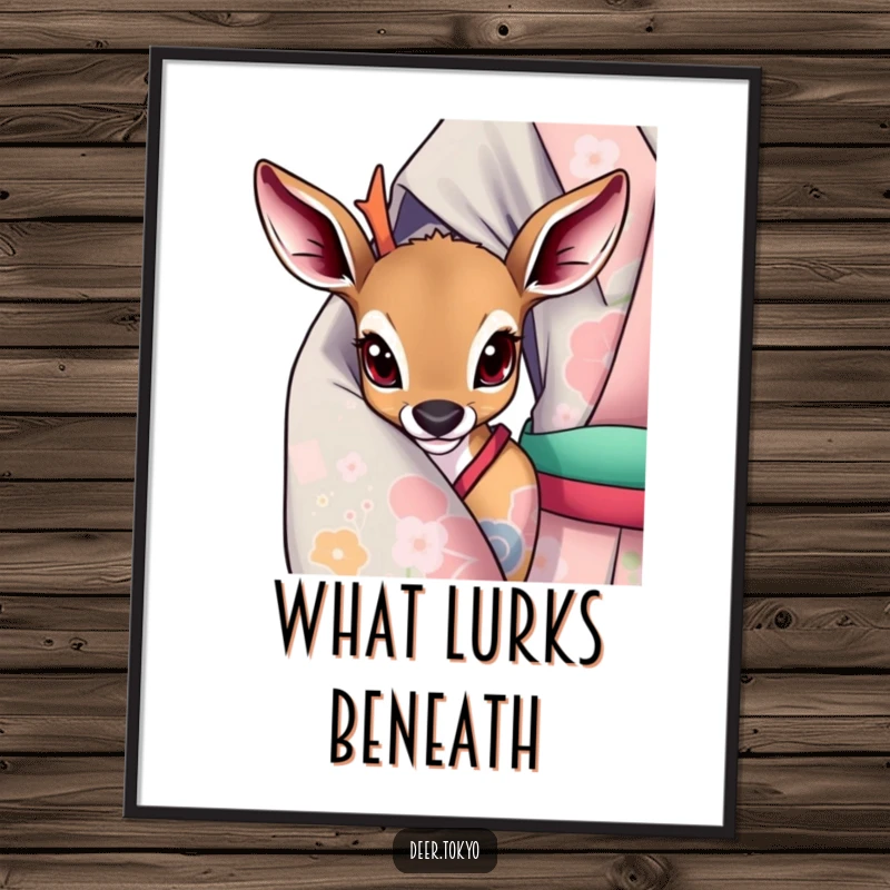 Deer with wide, curious eyes peeking from a vibrant kimono sleeve, presented as a whimsical art poster.