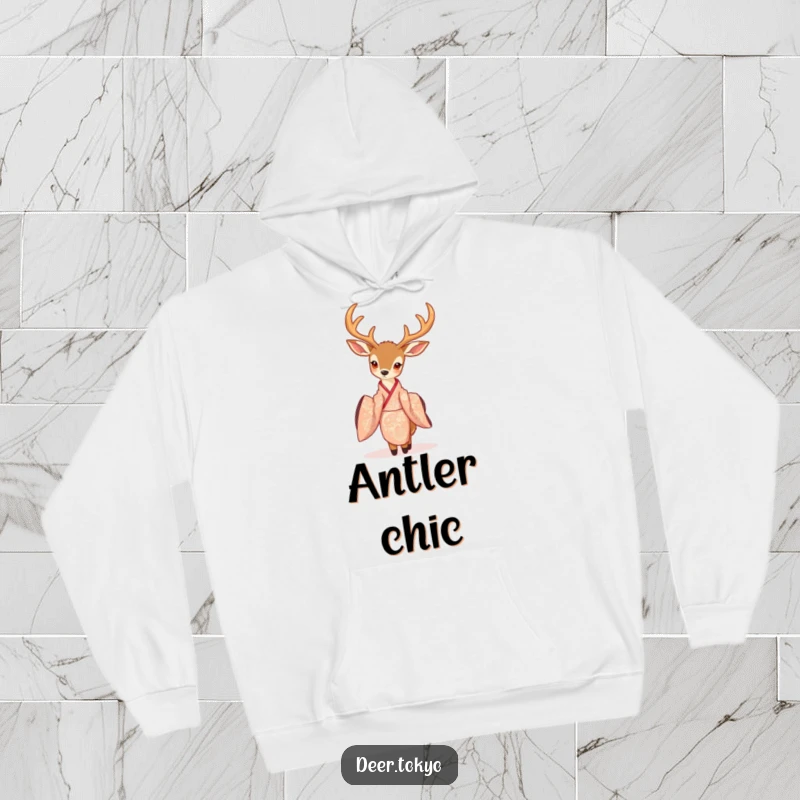 A graceful deer wearing an intricately patterned kimono, printed on a cozy hoodie, offering warmth and artistic flair.