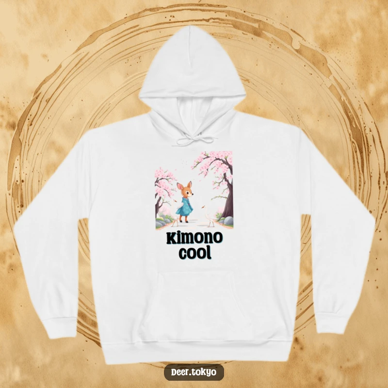 Funny hoodie print of a deer in a blue kimono with cranes, walking through cherry blossoms. Serene comfort.