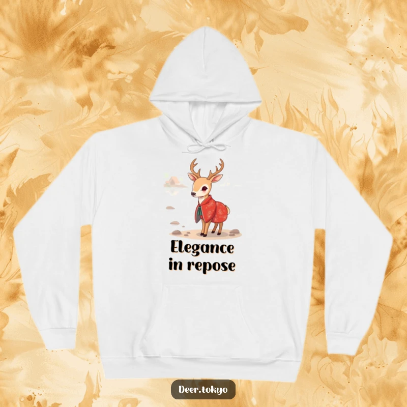 Funny Red Kimono Deer Hoodie: A serene deer in a red kimono stands by a tranquil lake, offering warmth and artistic flair.