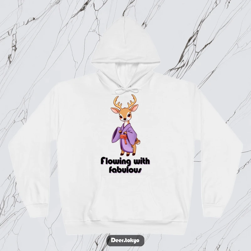 Funny Purple Kimono Deer Hoodie: An elegant deer in a purple kimono with flowing sleeves, offering warmth and sophisticated style.