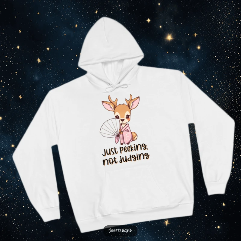 Funny hoodie depicting a curious deer in a pastel kimono, peeking from behind a fan, offering warmth and a hint of playful intrigue.
