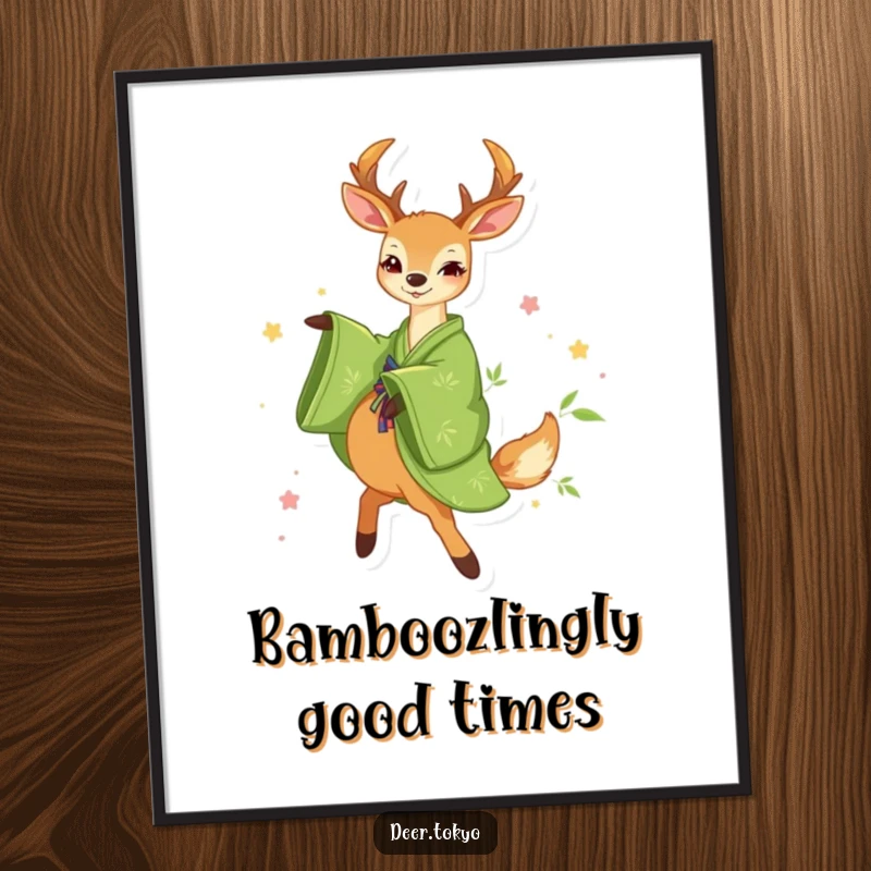 Funny Free Printable Wall Art: A deer in a green kimono with bamboo designs, captured mid-twirl with pure happiness.