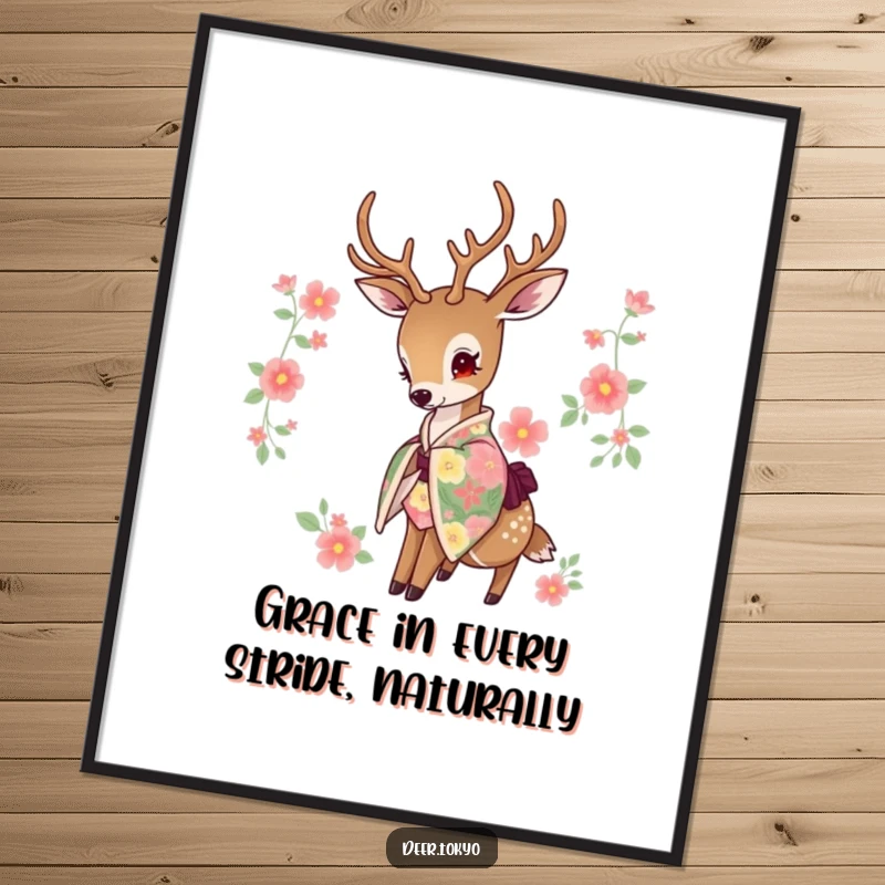 Beautiful free printable wall art of a deer wearing a vibrant floral kimono, gracefully dipping its head in a serene pose.