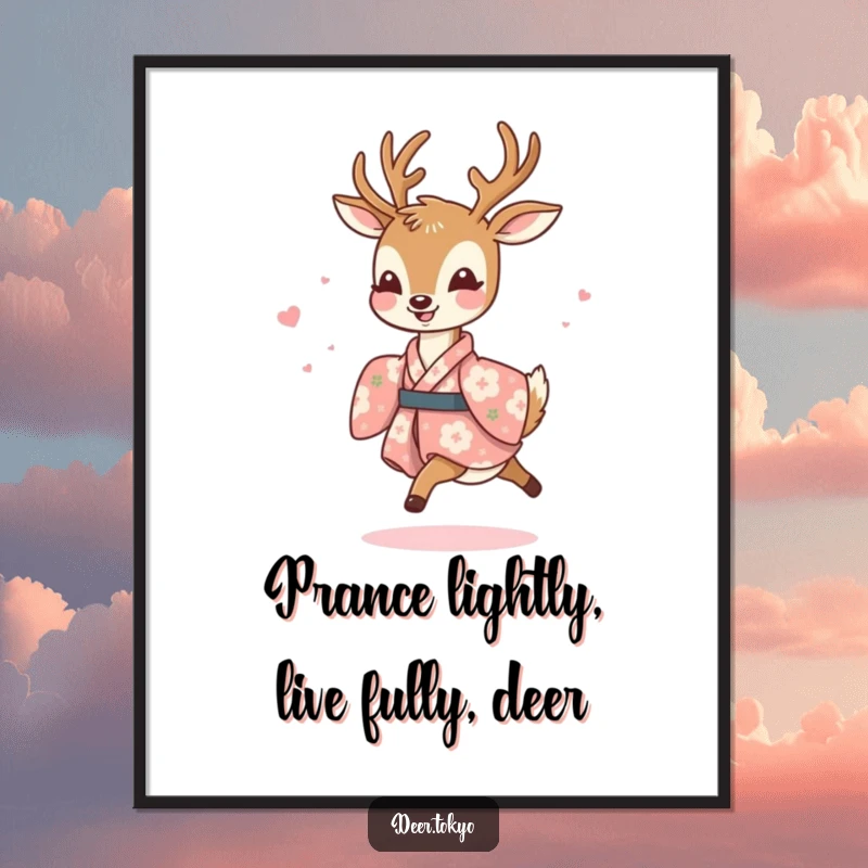 Funny Free Printable Wall Art: A joyful deer in a floral kimono prances lightly, adding an elegant and happy vibe to your decor.
