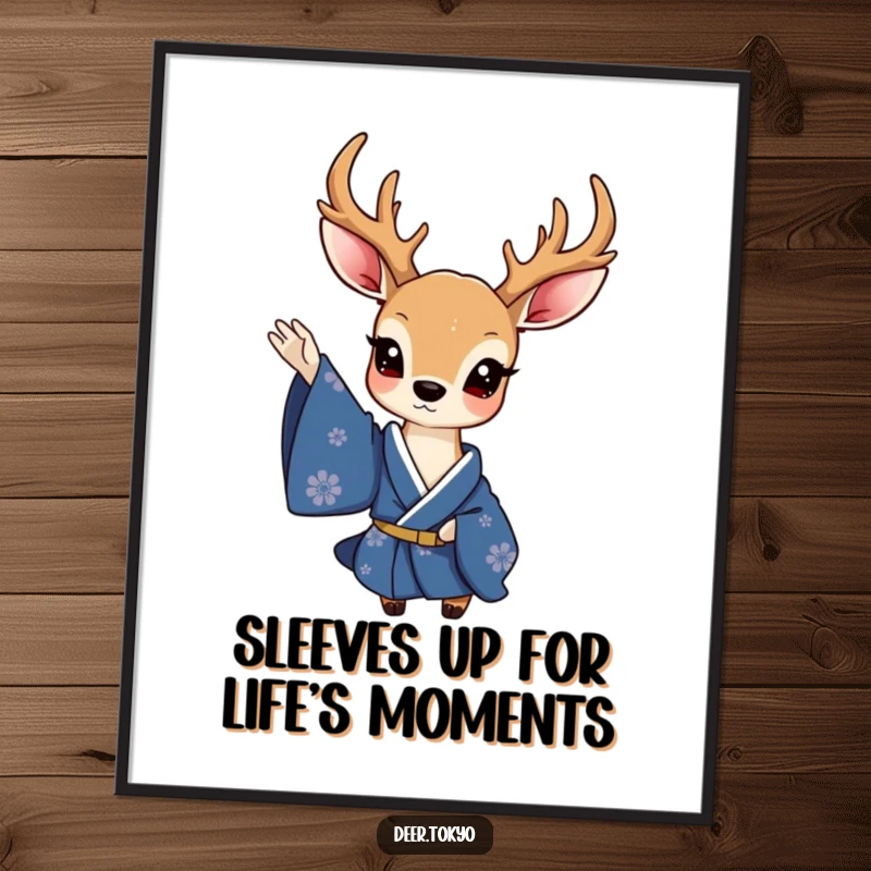 Funny Free Printable Wall Art: A charming deer in a deep blue kimono waves a delicate sleeve, creating an elegant and artistic statement.