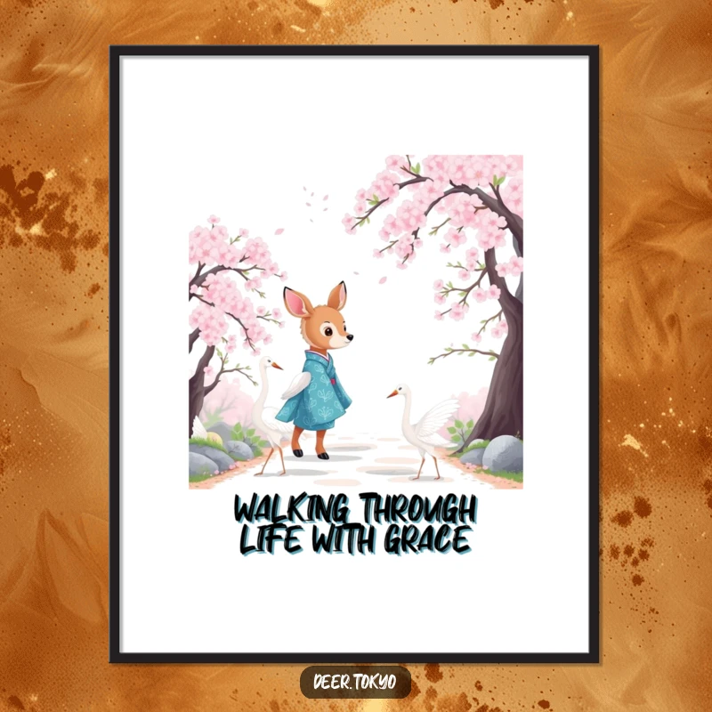 Stunning free printable wall art of a deer in a blue kimono with white cranes strolling peacefully along a cherry blossom path.