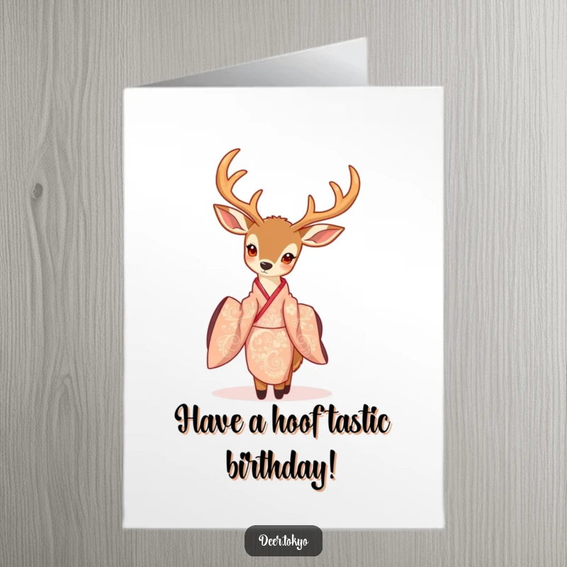 Elegant Free Printable Birthday Card: A charming deer with delicate antlers poses gracefully in a flowing, intricately patterned kimono.