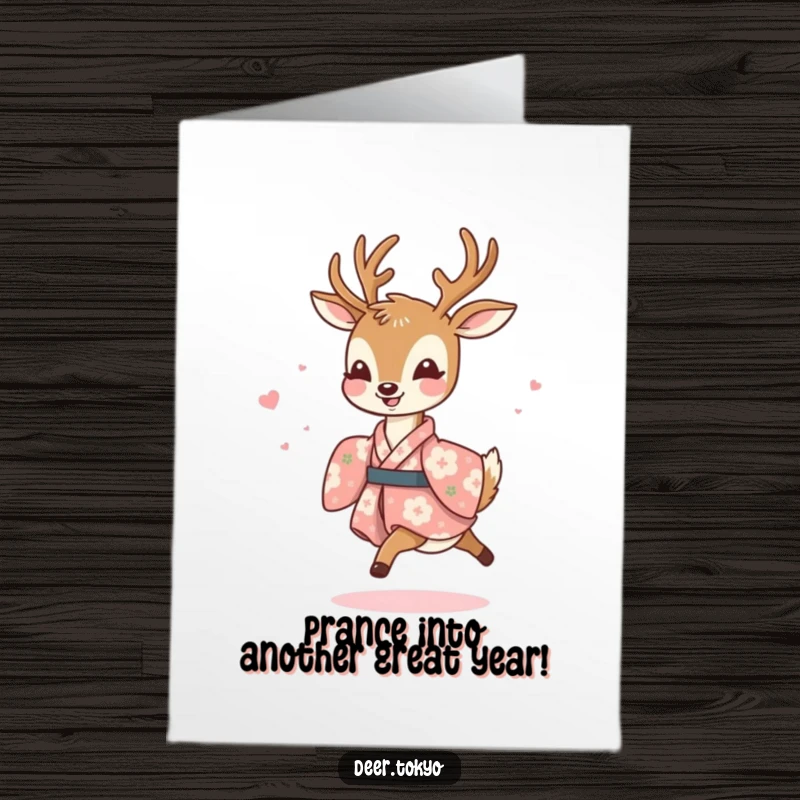 Funny Free Printable Birthday Card: A joyful deer in a floral kimono prances lightly, radiating birthday cheer and happiness.