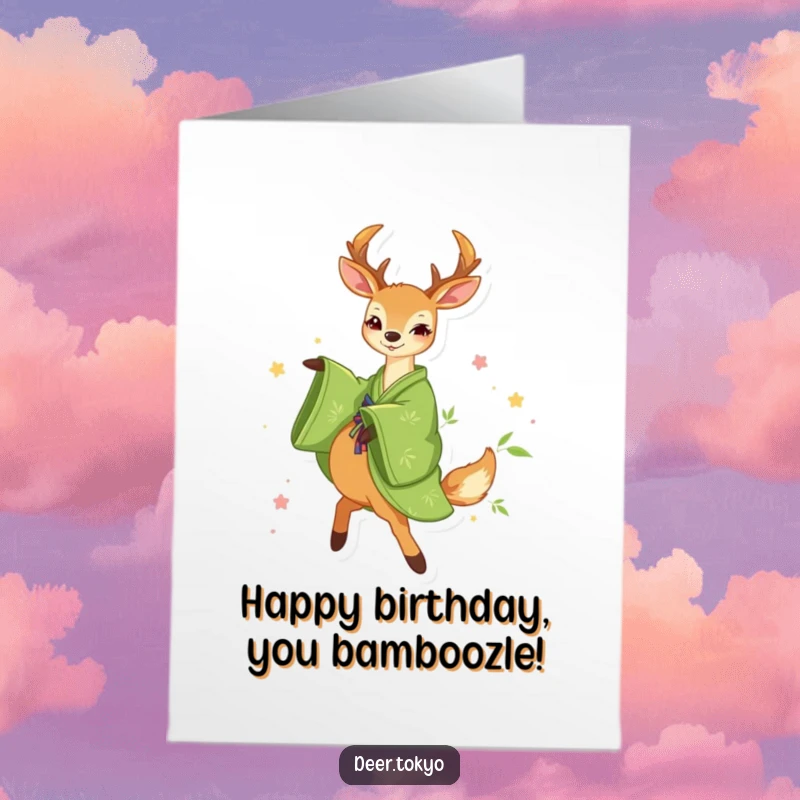 Funny Free Printable Birthday Card: A happy deer in a green kimono with bamboo motifs, joyfully twirling.
