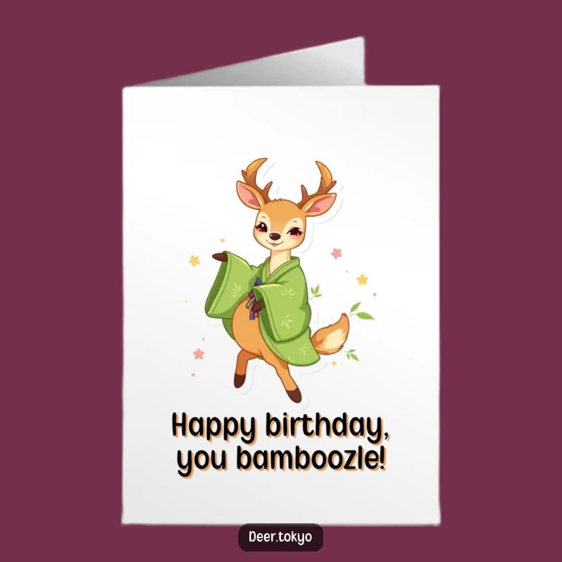 Free Printable Birthday Card: Joyful Deer in Green Kimono, Perfect DIY Downloadable Gift