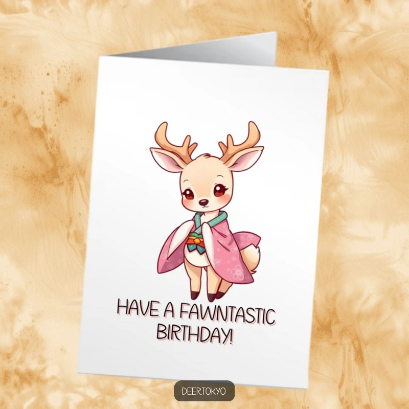 Funny Free Printable Birthday Card: A graceful deer in a vibrant kimono bows playfully, sending birthday greetings.