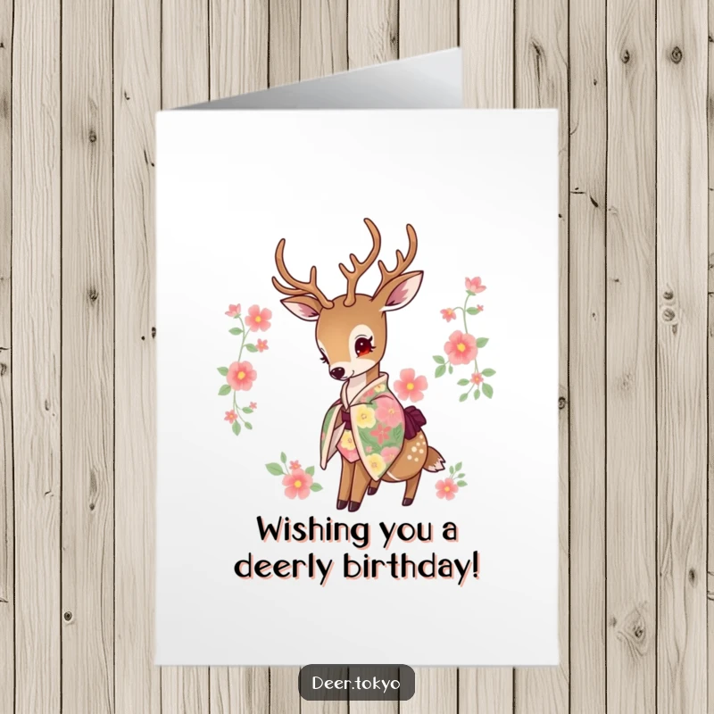 Elegant free printable birthday card featuring a deer wearing a vibrant floral kimono, gracefully dipping its head.
