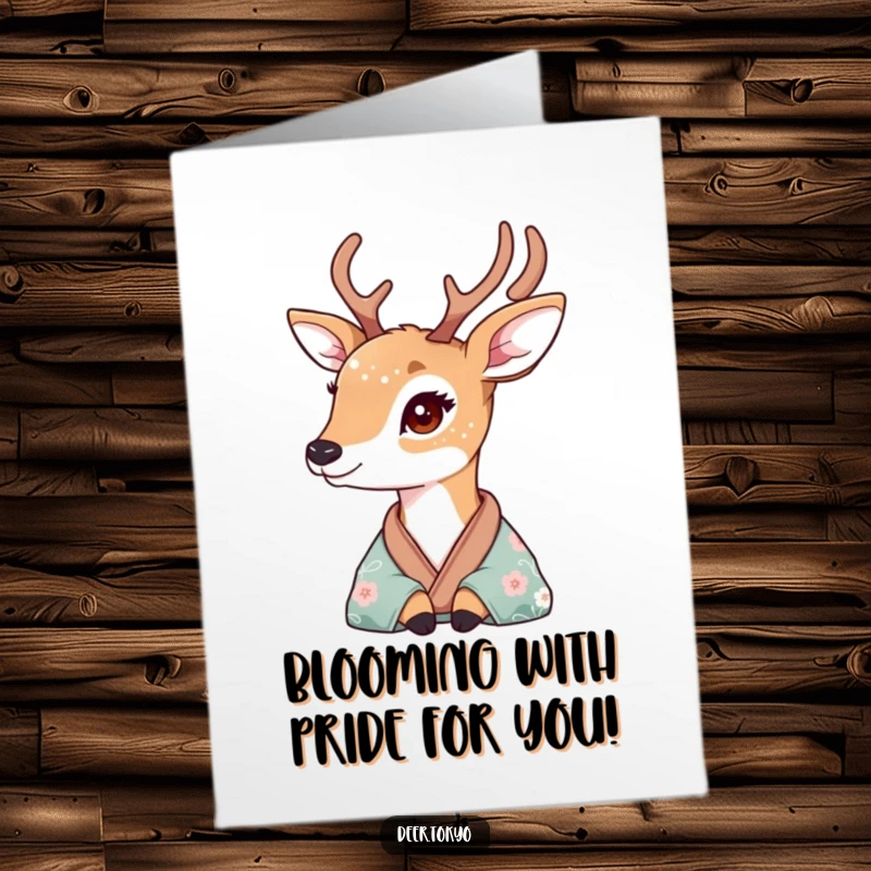 Elegant Free Printable Congratulations Card: A deer with delicate floral fur looks wistfully out from a beautiful silk kimono.