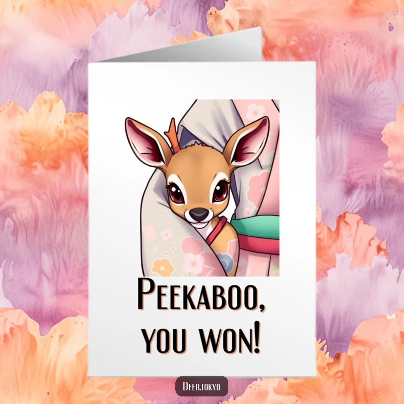 Playful Free Printable Congratulations Card: A curious deer with wide eyes peeks playfully from under a vibrant kimono sleeve.