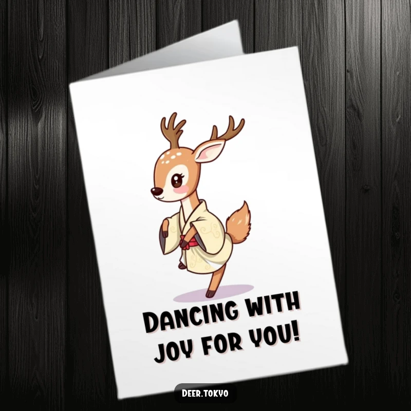 Joyful Free Printable Congratulations Card: A deer dances with a playful flick of its tail in a vibrant kimono.