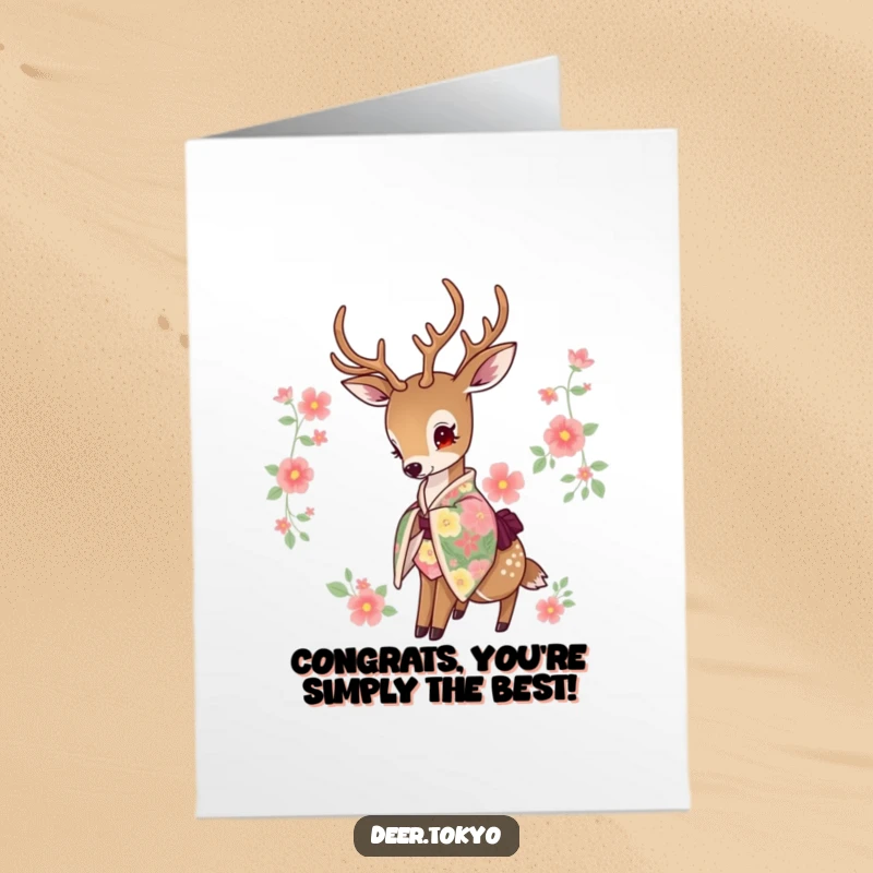 Elegant free printable congratulations card of a deer in a vibrant floral kimono gracefully dipping its head in celebration.