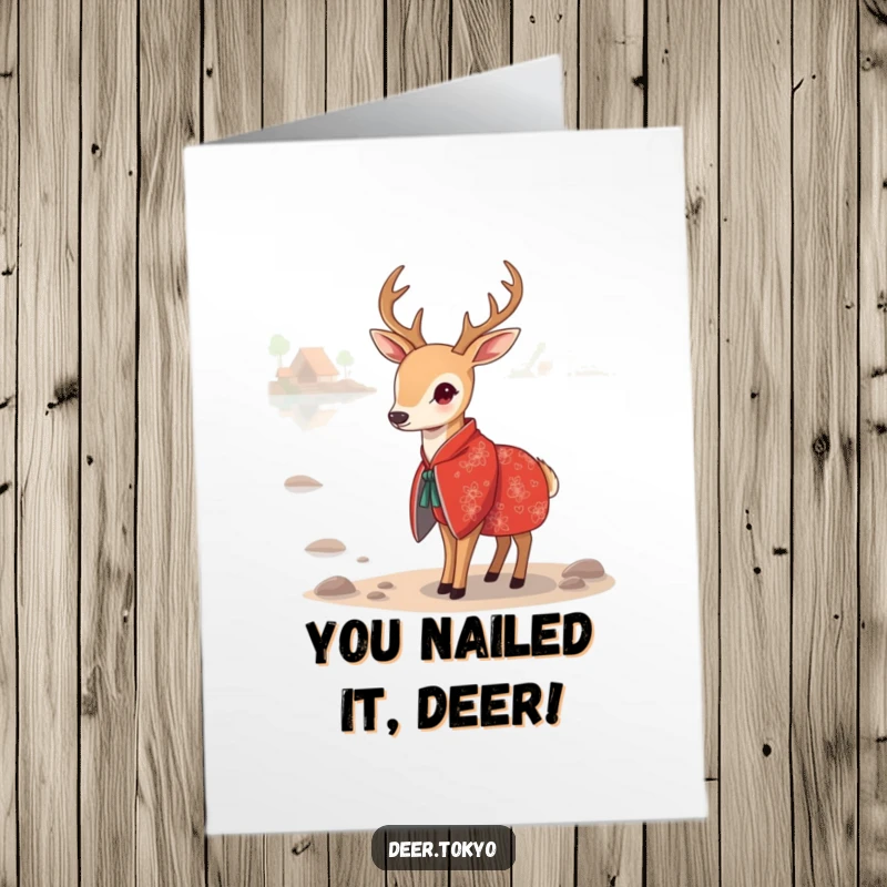 Free Printable Congratulations Card: Graceful deer in a patterned red kimono by a calm lake, conveying best wishes.