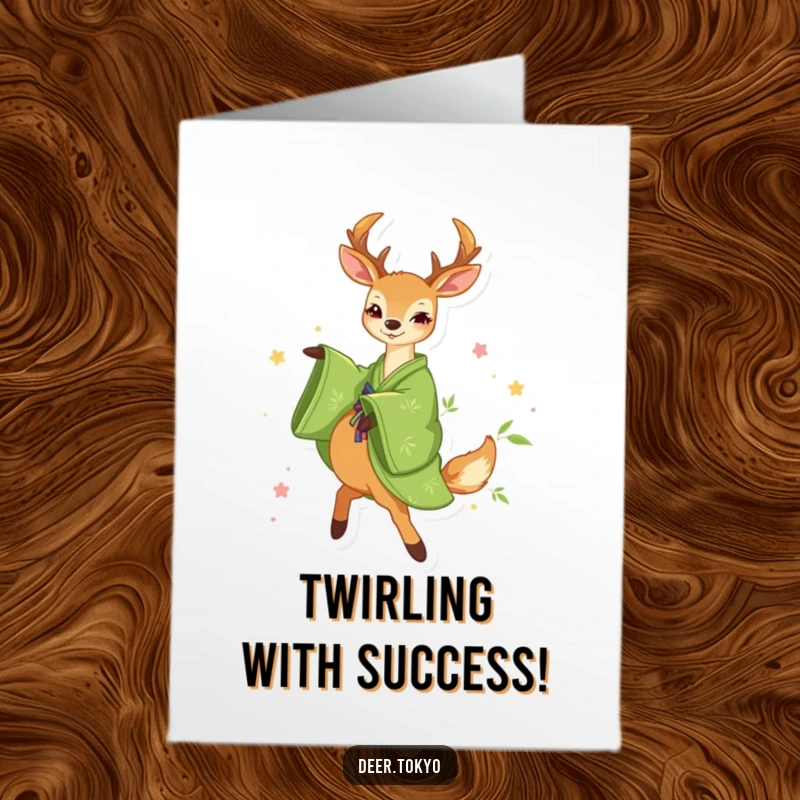 Free Printable Congratulations Card: A deer in a green kimono with exquisite bamboo patterns, happily twirling.