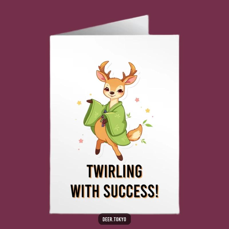 Free Printable Congrats Card: Lively Deer in Green Kimono, Unique Downloadable Gift