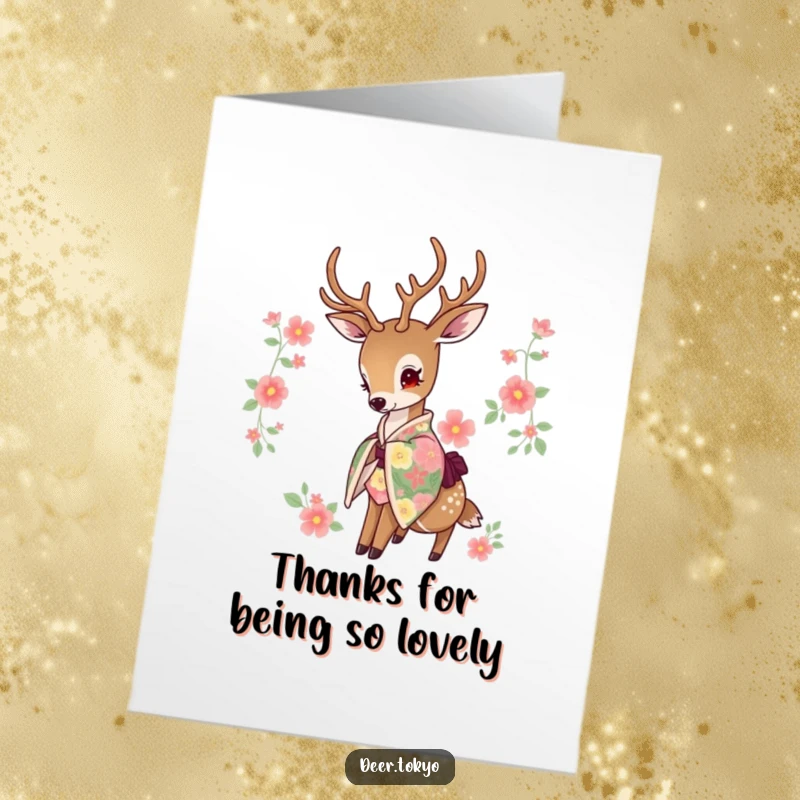 Elegant free printable thank you card featuring a deer in a vibrant floral kimono gracefully dipping its head.