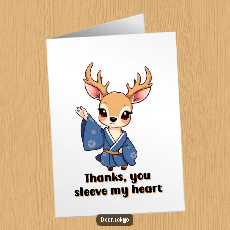 Funny Free Printable Thank You Card: A charming deer in a deep blue kimono waves a sleeve, offering elegant thanks.