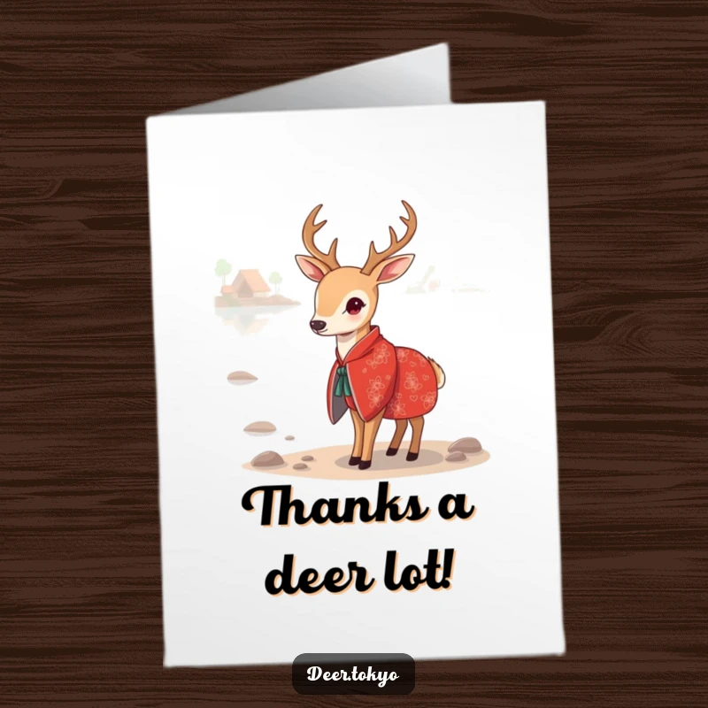 Funny Free Printable Thank You Card: Deer in a stylish red kimono by a tranquil lake, expressing thanks with charm.