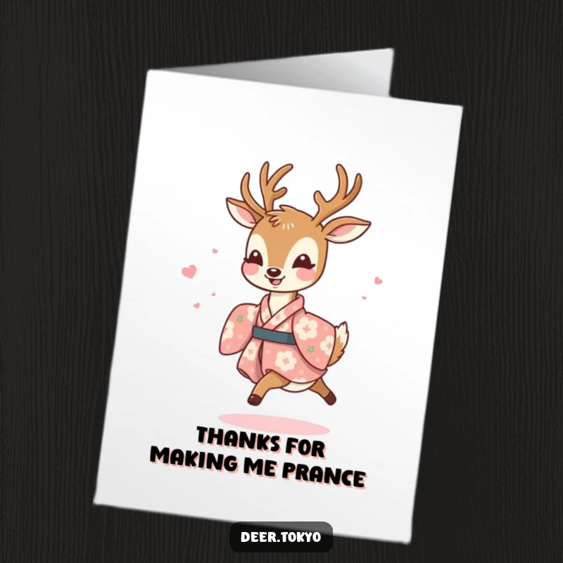 Funny Free Printable Thank You Card: A joyful deer in a floral kimono prances lightly, expressing thanks with elegance.