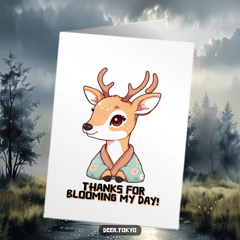 Gentle Free Printable Thank You Card: A deer with floral patterned fur looks wistfully from a silk kimono, conveying thanks.