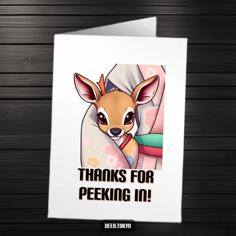 Sweet Free Printable Thank You Card: A deer with curious eyes peeks from under a vibrant kimono sleeve, offering thanks.