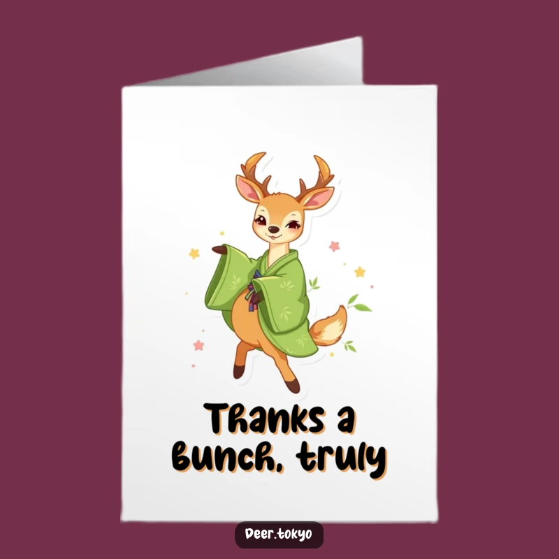 Free Printable Thank You Card: Cheerful Deer in Green Kimono, Heartfelt Downloadable Gift