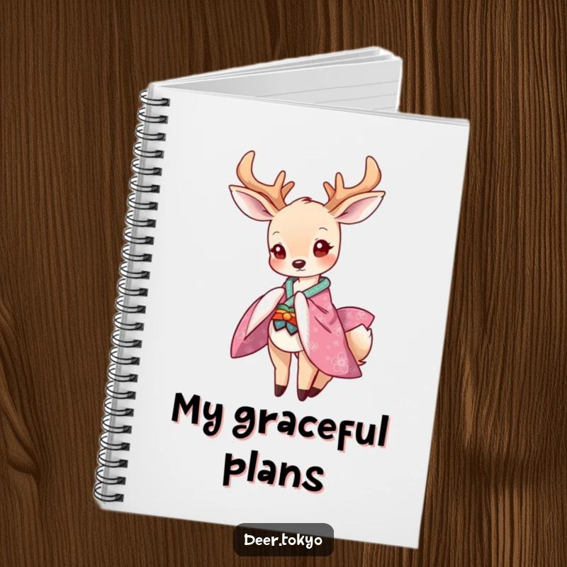 Funny notebook featuring a graceful deer in a vibrant kimono bowing playfully, perfect for jotting down ideas with elegance.