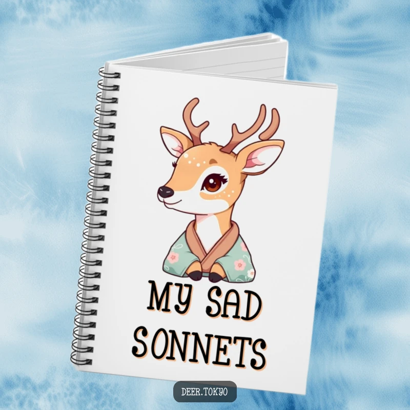 A deer with floral fur patterns looking wistfully from a silk kimono on the cover of a notebook.