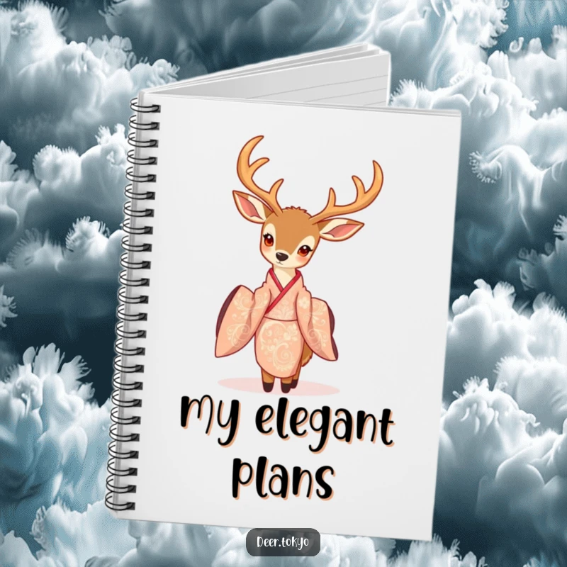 A deer wearing an intricate kimono on the cover of a serene notebook, perfect for journaling.