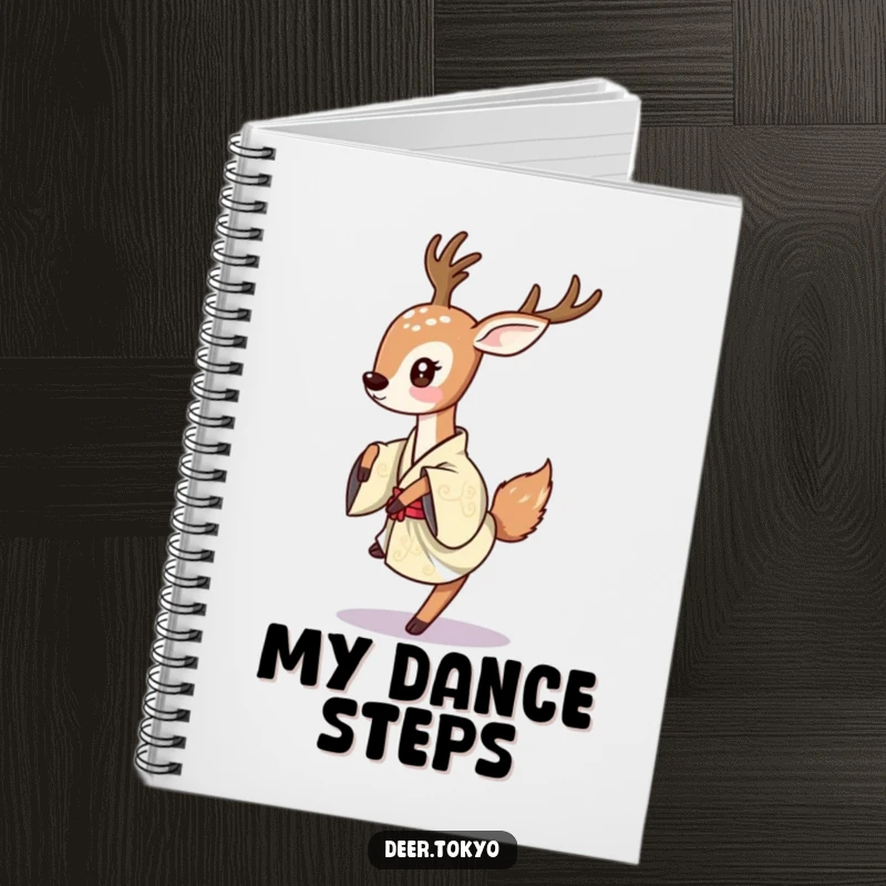 A deer dancing in a traditional Japanese kimono on the cover of a notebook, ideal for journaling.