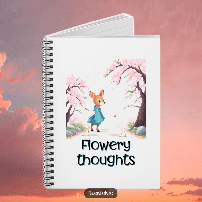 Funny notebook cover with a deer in a blue kimono with cranes, walking on a cherry blossom path. For notes.