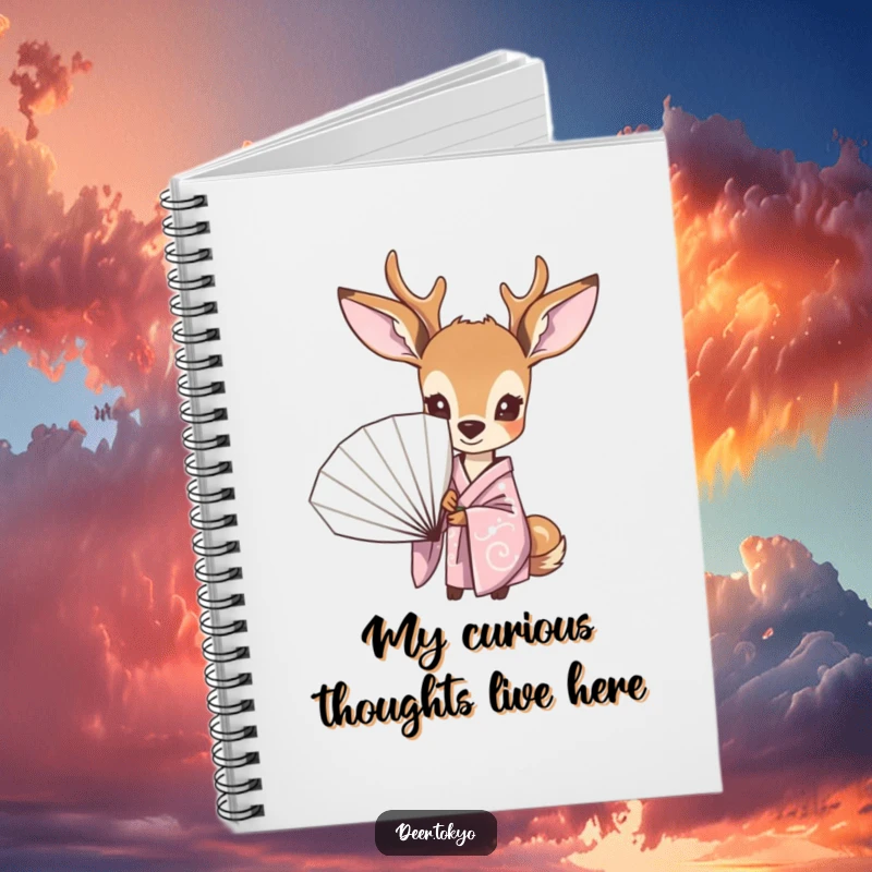 Funny notebook with a curious deer in a pastel kimono, peeking from behind a fan, ideal for journaling, notes, and creative writing.