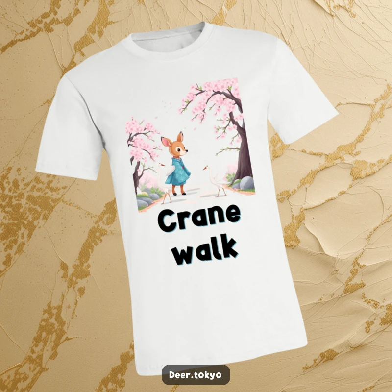 Funny t-shirt featuring a deer in a blue kimono with white cranes, strolling on a cherry blossom path. Poetic design.