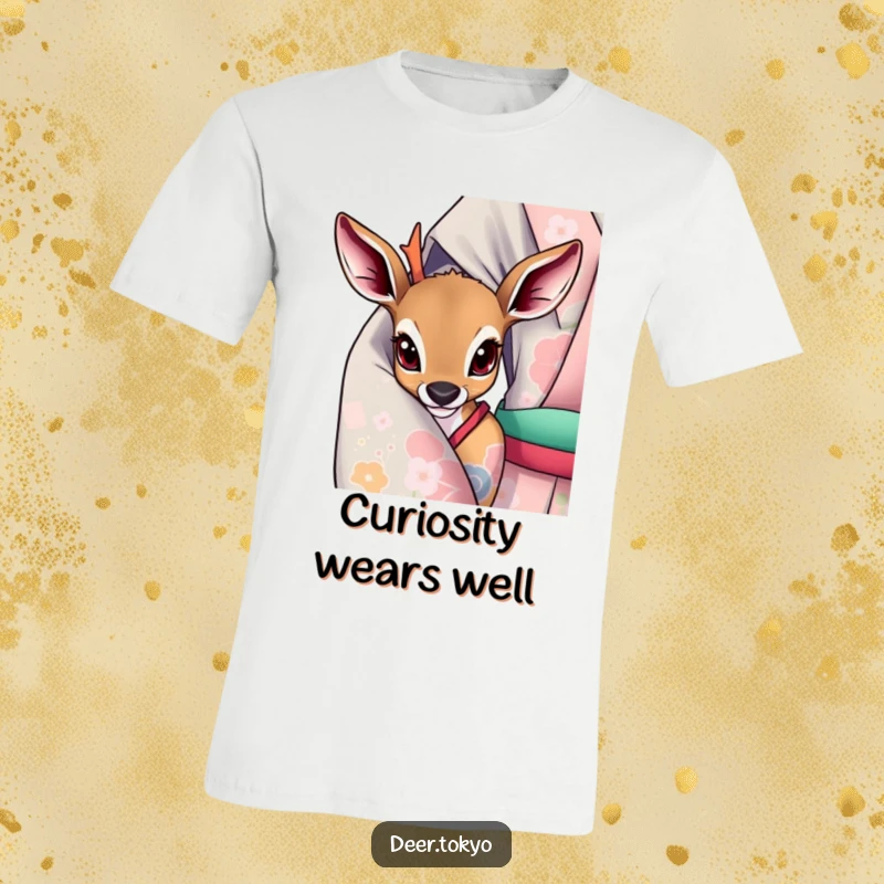 A deer with wide, curious eyes peeking out from a vibrant kimono sleeve on a comfortable t-shirt.