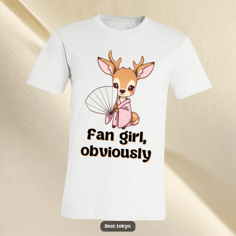 Funny t-shirt with a curious deer in a pastel kimono, peeking playfully from behind a fan, embodying shy elegance and humor.