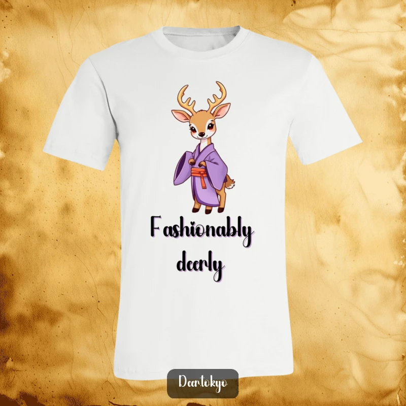 Funny Purple Kimono Deer T-Shirt: A deer adorned in a purple kimono with elegant flowing sleeves, posing with poise.