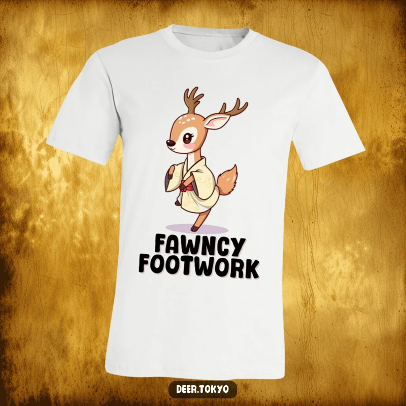 A deer with a playful tail flick, dancing lightly in a traditional Japanese kimono, printed on a comfortable t-shirt.