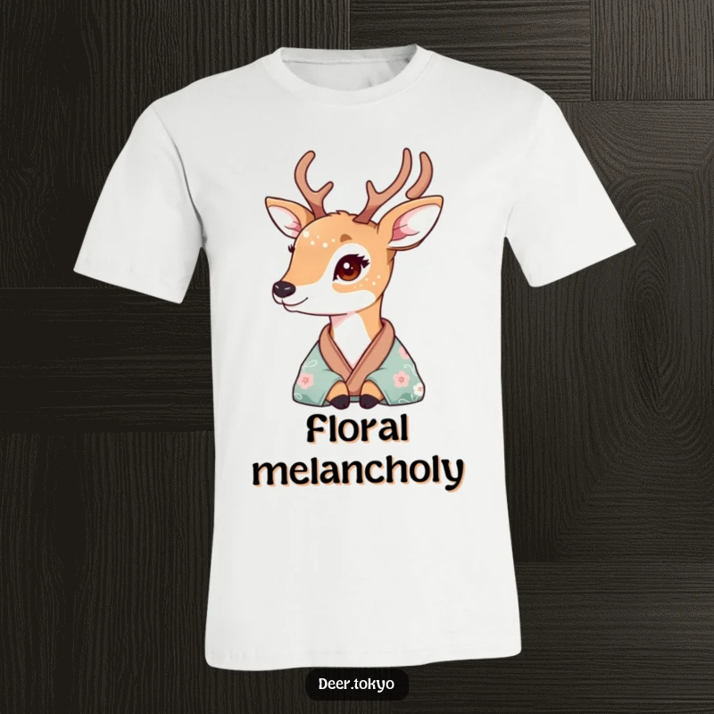 A deer with delicate floral fur patterns gazing wistfully from a silk kimono on a soft, comfortable t-shirt.