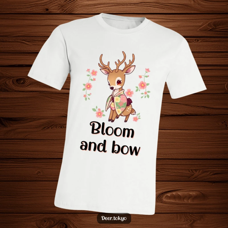 Funny t-shirt featuring a deer in a colorful floral kimono, head gracefully bowed. Stylish and humorous.