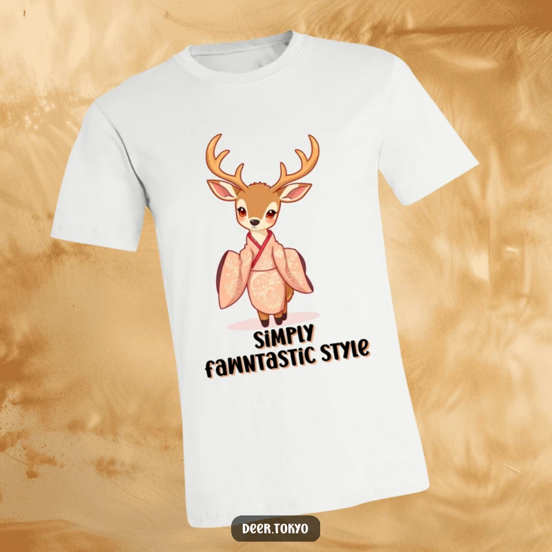 Beautiful deer with delicate antlers featured in a flowing, intricately patterned kimono on a soft, comfortable t-shirt.