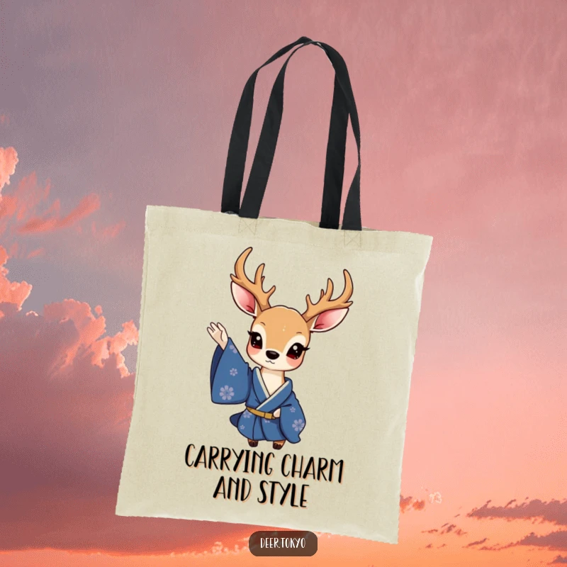 Funny tote bag with a charming deer in a deep blue kimono, waving a delicate sleeve, perfect for shopping and daily use.